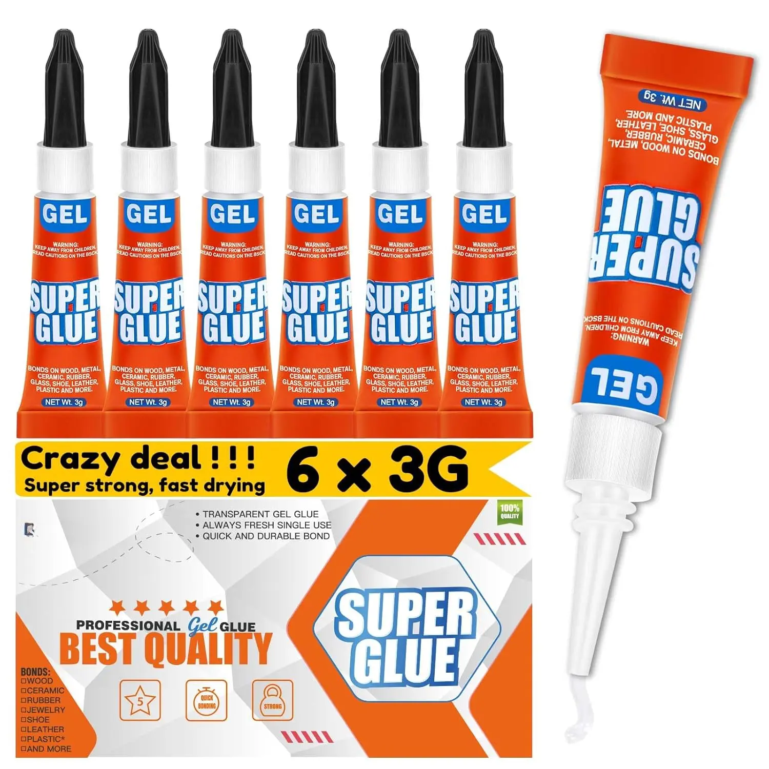 Super Glue Gel Clear Non-Drip, 6 X 3g  Purpose  Adhesive Ca Glue Quick Dry Instant Glue for Plastic, Metal, Ceramic, Shoe, , Leather, Model, Aquarium, Rhinestone,  and DIY Crafts