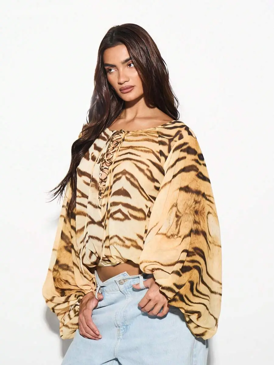 SKRIZE Animal Print Lace Up Top Blouson Sleeve Ruched Spring Summer