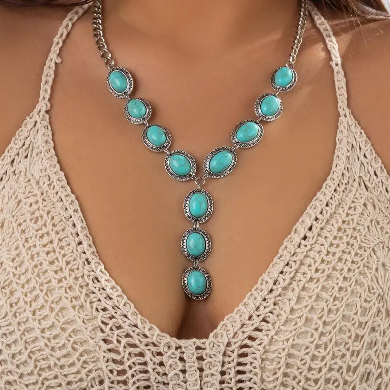 Boho Style Turquoise Pendant Necklace For Women For Gift, Clavicle Chain Necklace, Charm Necklace, Summer Style Jewelry, Accessory Necklace, Casual Trendy Jewelry