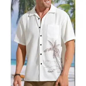 Men’s Hawaiian Shirt, Short Sleeve, Coconut Print, Button-Down, Summer Beach Casual Shirts