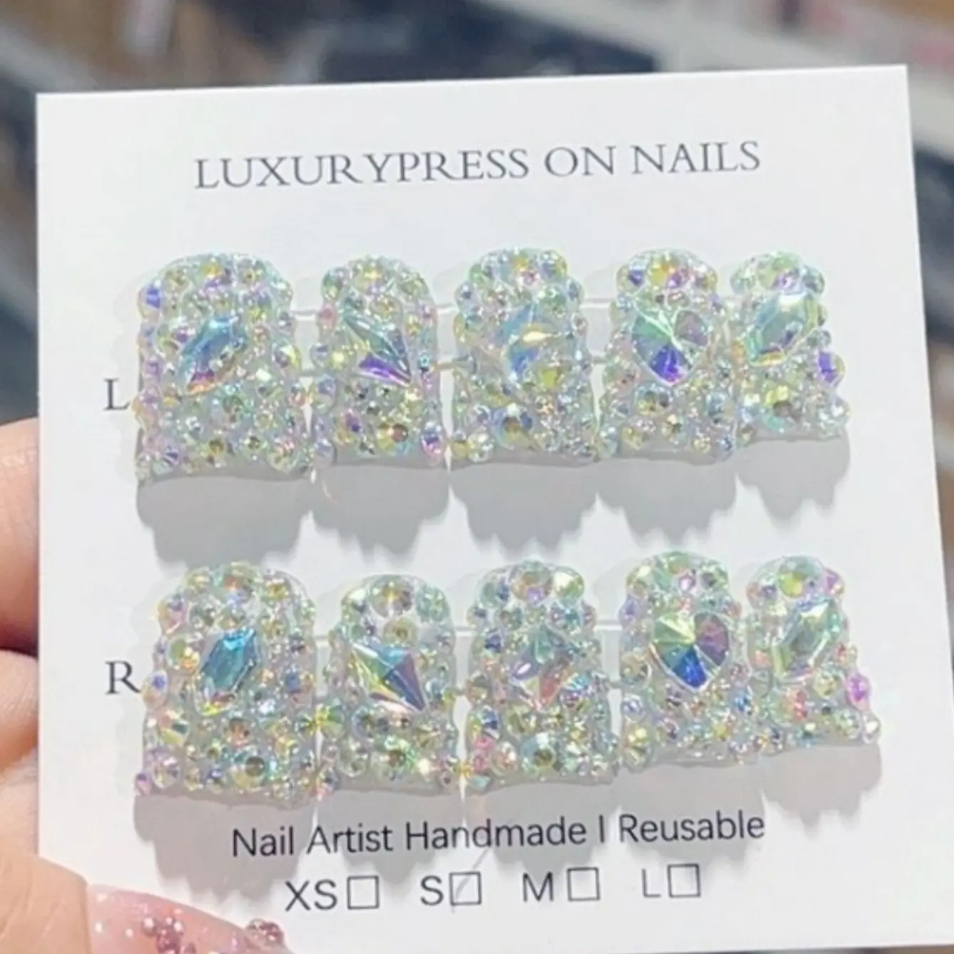 Rhinestone Decor Fake Nails, 10pcs/set Long Square Press on Nails for Women & Girls DIY Nail Art, Elegant Stick on Nails Kit, Handmade Reusable Nails, Bling Rhinestone Decoration, Glittering Fake Nails, Decorative Nails, Press on Sets