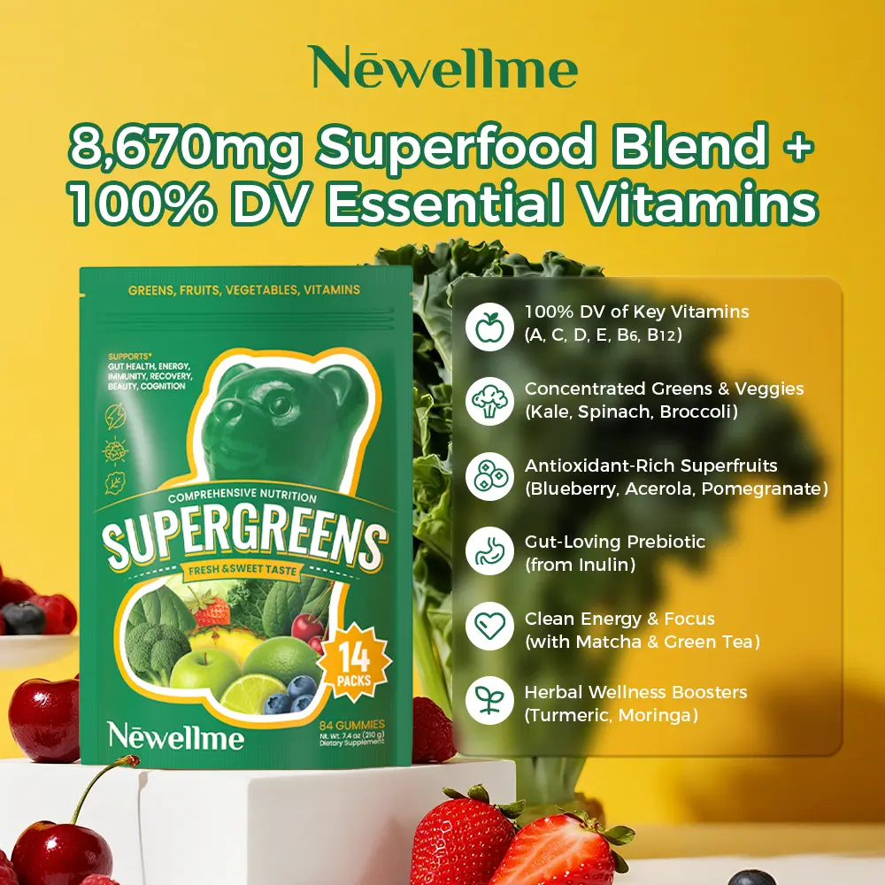 NEWELLME Multivitamin Gummies, specially formulated for gut health — to boost immunity, aid recovery, and enhance beauty. Contains Vitamins A, C, D, E, B6, B12, Biotin, Zinc, and natural fruit & vegetable extracts.
