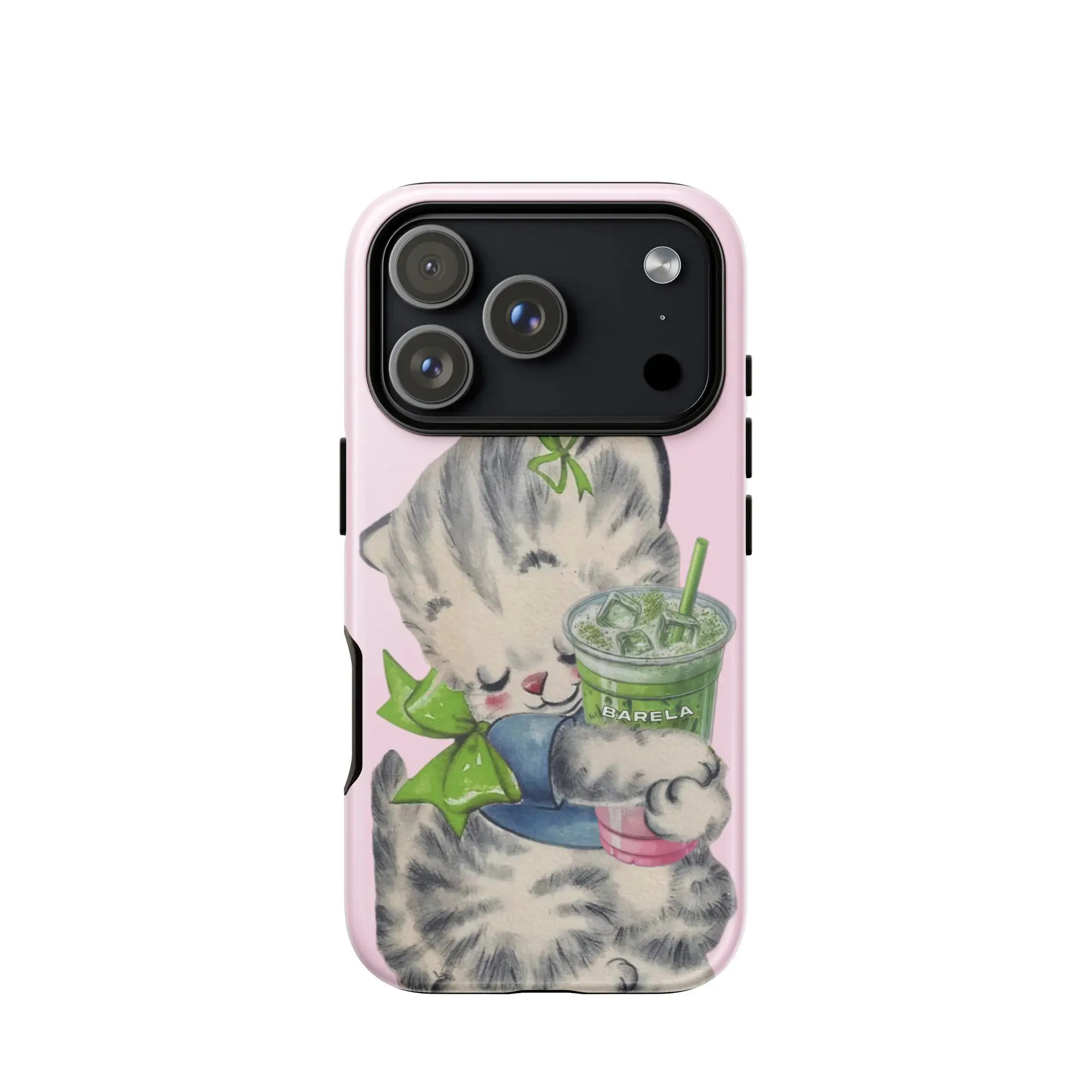 BARELA Matcha Cat iPhone Case, Cute Kitten Drinking Matcha Design, Tough Shockproof Smartphone Shell, Cellphone Handheld Accessories for iPhone 11-17 Series, Pastel Aesthetic Gift for Girls,summerwins
