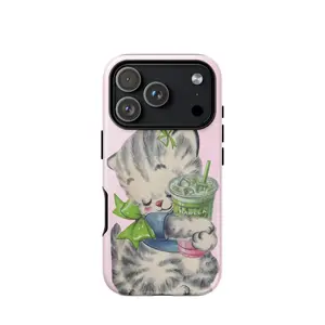 MATCHA CAT iPhone Case by BARELA| Cute Kitten Drinking Matcha Design| Tough Shockproof Cover for iPhone 11–17 Series| Pastel Aesthetic Gift for Girls#MatchaCatCase#CuteAesthetic