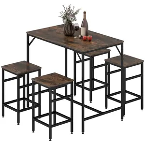 Five-piece rustic brown and black industrial dining set includes one rectangular bar table and four matching stools suitable for daily meals and family gatherings in kitchens and homes