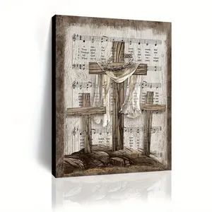 1pc Framed Canvas Wall Art - Amazing Grace Lyrics & Religious Cross - Vintage Musical Sheet Background - Ready-to-Hang Christian Decor with Framed Edges - Earthy Brown tones - for Living Room, Bedroom