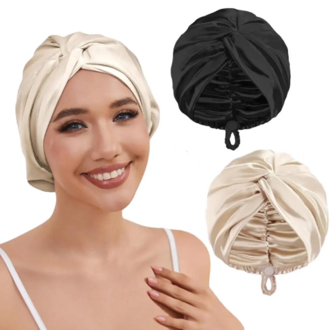 Pack of 2 Adjustable Hair Bonnet for Sleeping Women Hair Wrap, Double Layer Night Turban, Sleep Cap for Natural Curly Straight Unisex (Champagne & Black)