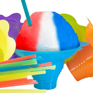 Leak Proof & Drip Catching, Super Cute Reusable 4oz Flower Snow Cone Cups with Straws 50 Pk, Colorful Easy Grip Bowls Perfect for Birthday Party, Summer Cookout, Shaved Ice, Snack, Ice Cream