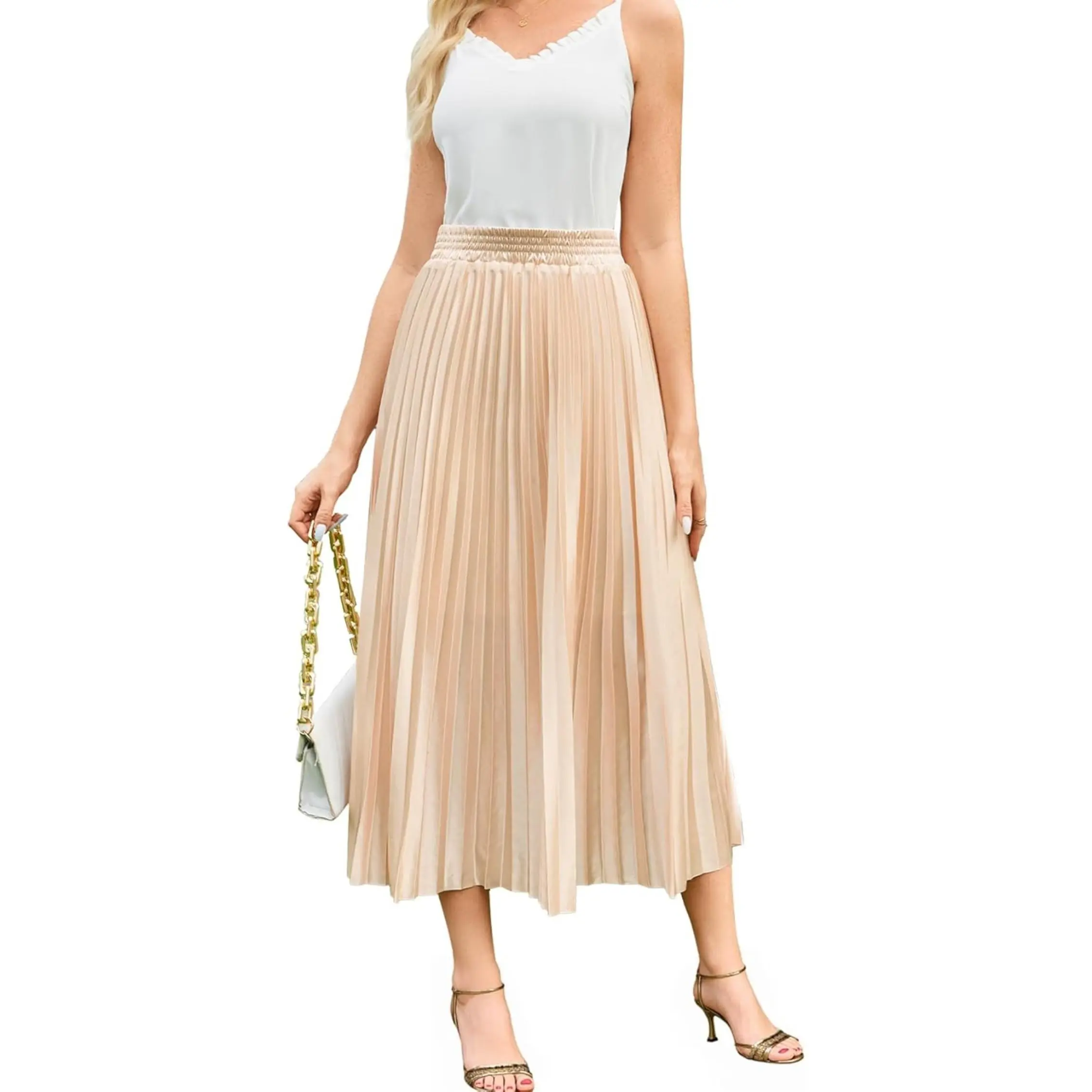 Women's Pleated A-Line Midi Skirt - High-Waisted Flowy Swing Style with Elastic Waistband, Lined Mid-Calf Length for Casual Work, Skirts For Women, Bottom, Lady, Women's Clothes, Midi Skirts