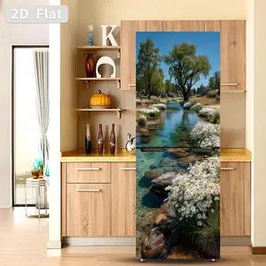 2pcs 2D Stream with Flowers & Trees Fridge Stickers, Self-Adhesive Removable PVC Refrigerator Door Decals for DIY Kitchen & Home Decor