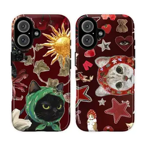 Vintage cartoon Cat Aesthetic Phone Case – Whimsical Black & White Kitty cat Artwork, Cute Cat Lover Gift, Red Collage Pattern with Sun, Stars & Cherries, Magical Kawaii Cat Charm, Indie Artsy Cat Cartoon, Gothic Fairytale Cat Vibes – Fits iPhone & Samsun