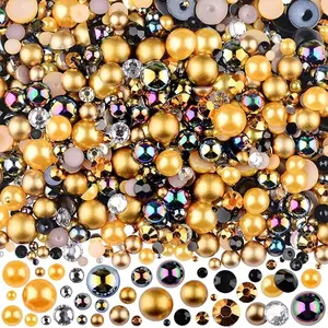 75g Mix Resin Pearls Rhinestones Kit, 3-10mm Half Pearls and 2-6mm Flatback Rhinestones for Nail Art Decoration (Black)
