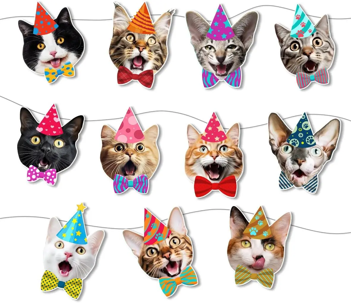 Cat Birthday Party Decorations Funny Cat Banner Garland with Party Hats Bow Ties Happy Birthday Bunting for Cat Lovers Kids Cat Themed Party Supplies