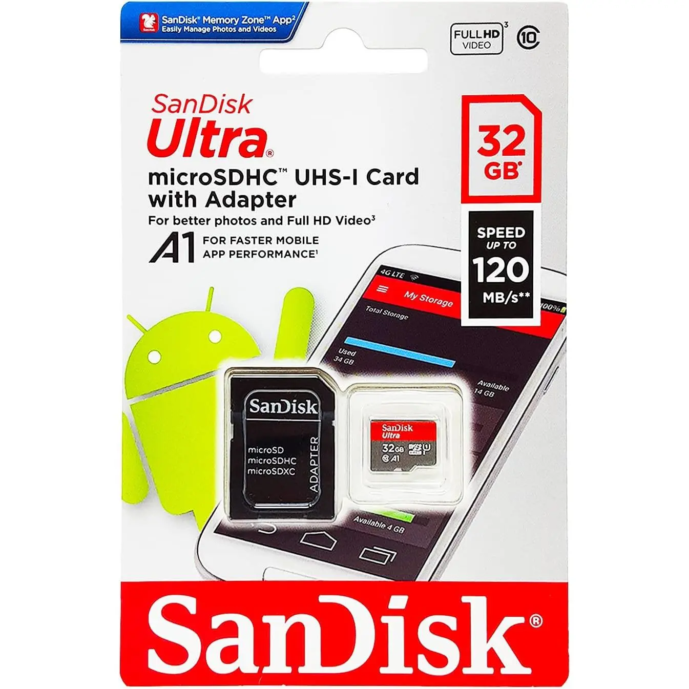 SanDisk 32GB/64GB/128GB/512GB/1T Ultra microSDHC UHS-I Memory Card with Adapter - 98MB/s, C10, U1, Full HD, A1, Micro SD Card - SDSQUAR-032G-GN6MA