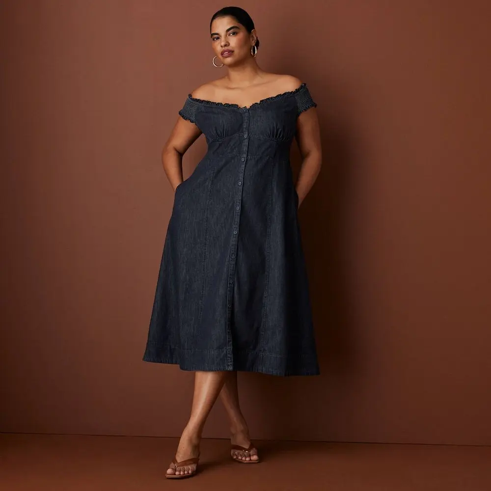 Rosie Assoulin Women's Off the Shoulder Denim Button-Down Midi Dress - Dark Wash