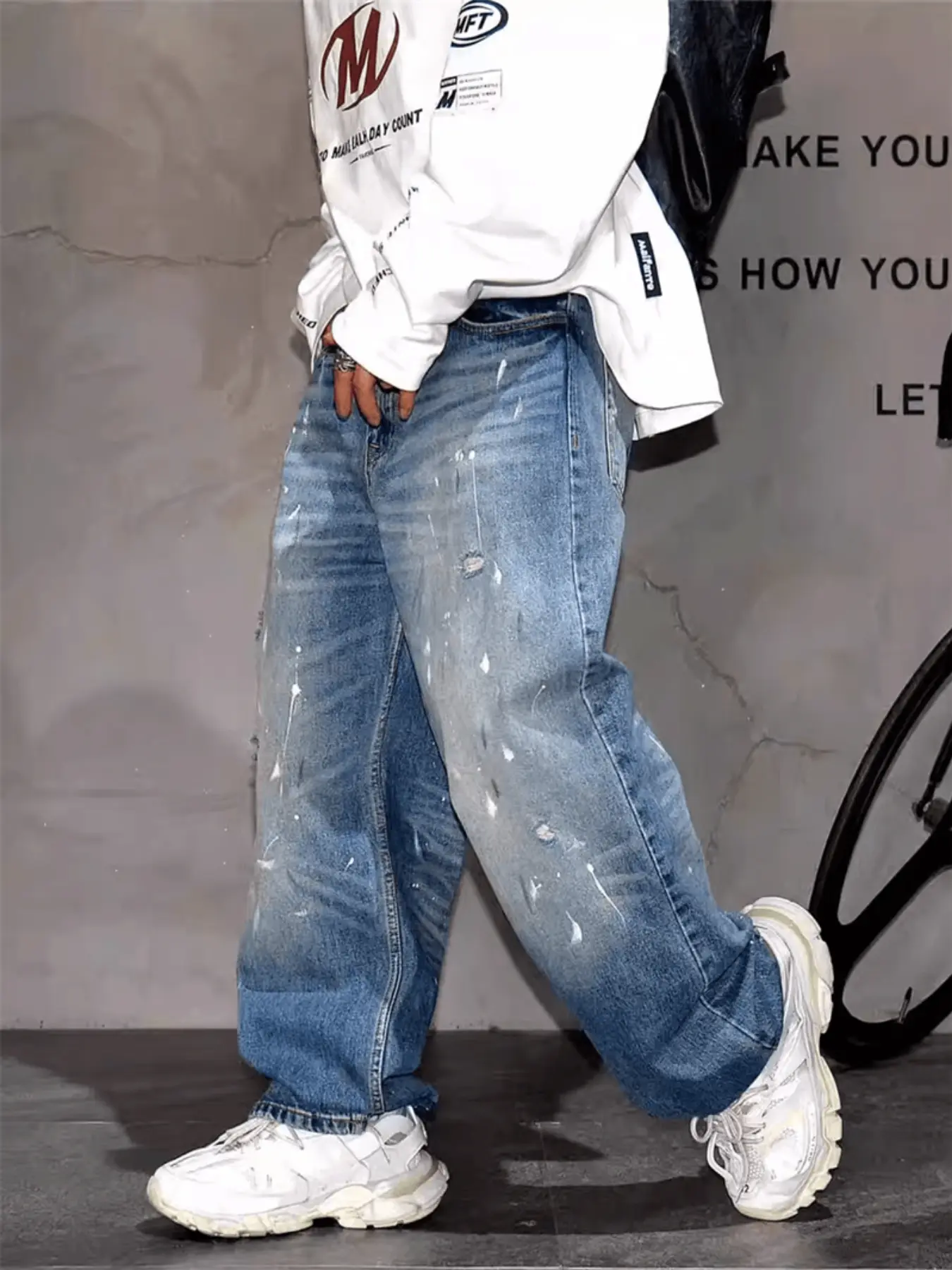 Men's Streetwear Vintage Ink Splatter Oversized Baggy Wide Leg Straight Jeans, Casual Loose Fit Long Pants, All Seasons Fashion, Wide Leg Style, Trouser