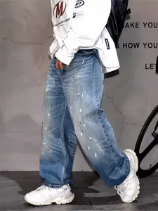 Men's Streetwear Vintage Ink Splatter Wide Leg Straight Jeans, Casual Loose Fit Long Pants, All Seasons Fashion, Wide Leg Style