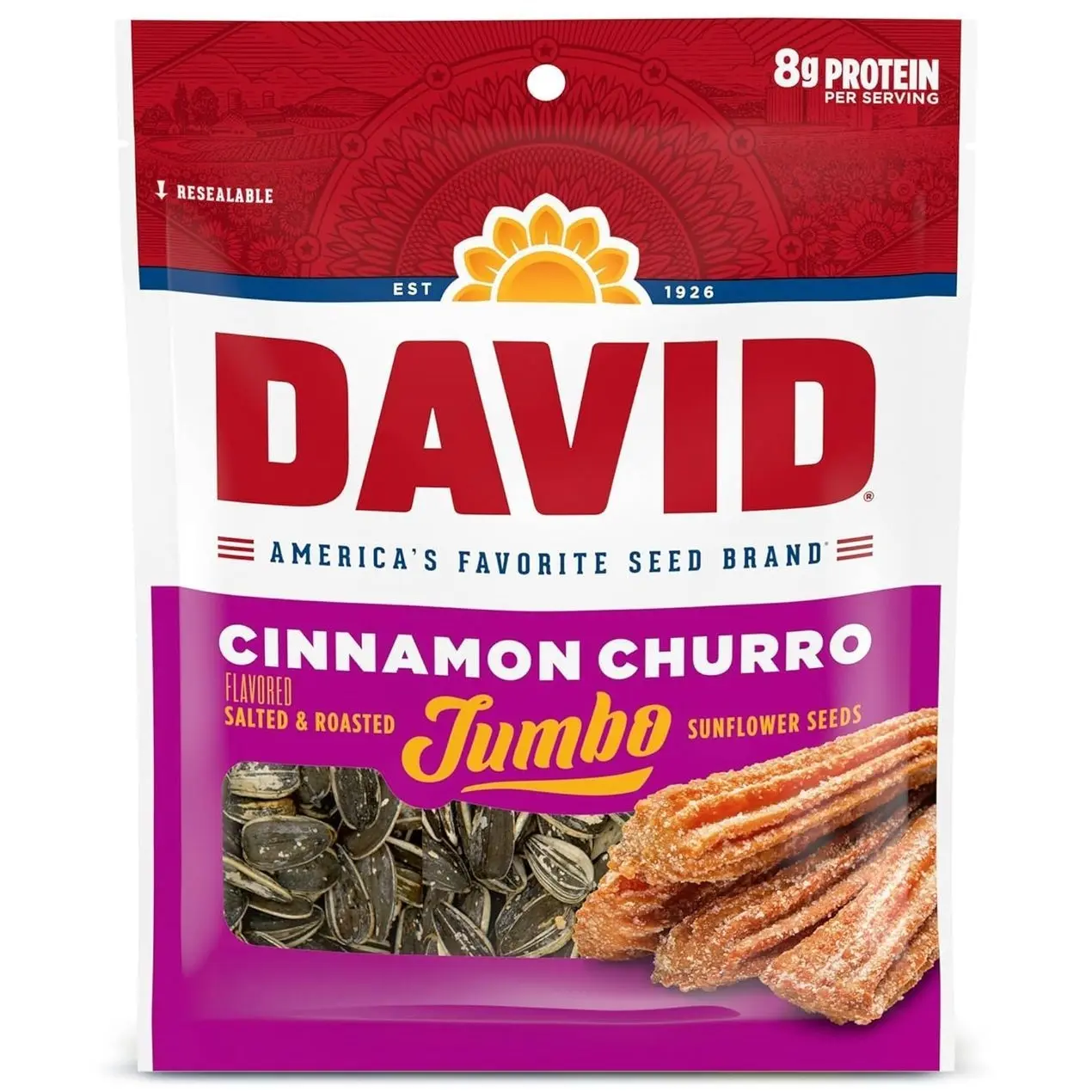 DAVID Jumbo Sunflower Seeds, Cinnamon Churro Flavor, Easter Basket Stuffer for Baseball Players, 5.25 oz. (Pack of 12)