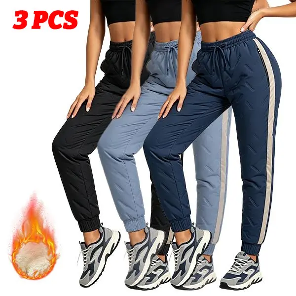 Women's Casual Outdoor Windproof Lock-Cotton Padded Long Trousers 3-Pack - Polyester, All Seasons, Quilted Panels Prevent Padding Shifting, Water-Resistant, Relaxed Fit & Look for City, Snowy Scenes, Long Pants, Relaxed Look
