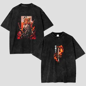 Rengoku Kyojuro Flame Hashira T-Shirt & Gildan Hoodie, Demon Slayer Anime Acid Wash Graphic Tee, Vintage Y2K Double-Sided Print Shirt, Oversized Unisex Heavy Cotton Streetwear, Kimetsu no Yaiba Aesthetic Outfit, Otaku Gift for Anime Fans & Collectors