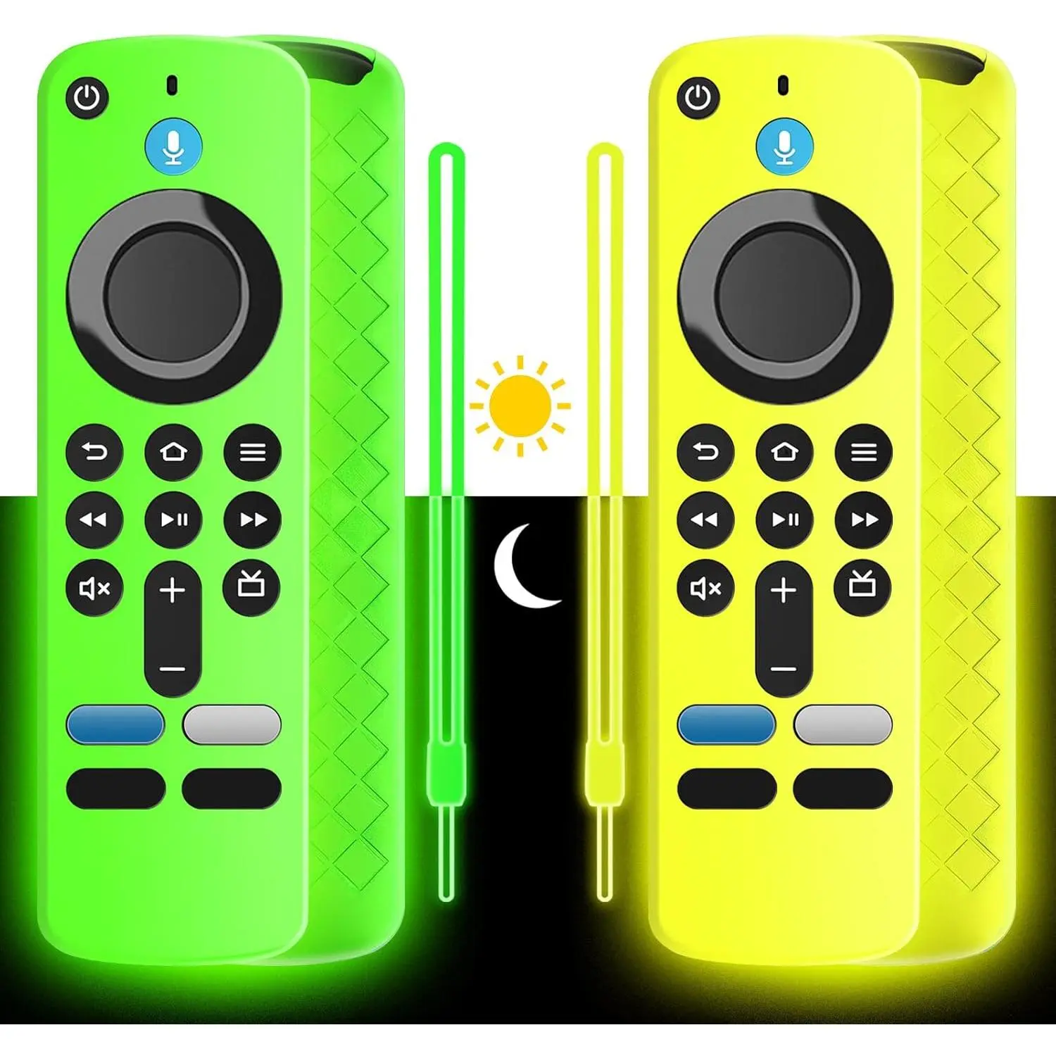 (2 Pack) Modern Durable Synthetic Silicone Remote Dust Covers, Soft Anti-Slip Shockproof Anti-Loss Cases with Lanyard, Glow-in-The-Dark Green & Yellow, Easy-to-Find Fit for Remotes, Daily