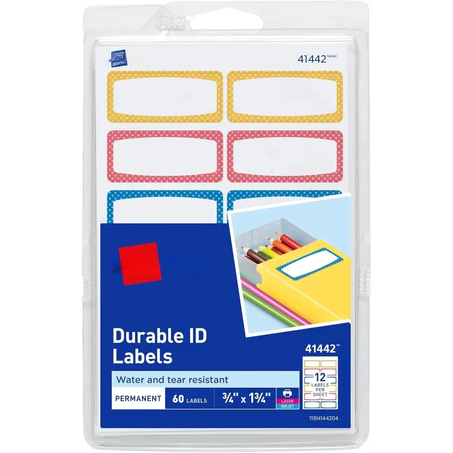 Durable Printable ID Labels for Kids' School Supplies (3/4 in. x 1-3/4 in.) - Colorful Preprinted Border, Scuffing-Resistant, Water-Resistant, Dishwasher-Safe, Microwave-Safe, Laser & Inkjet Printer Compatible, 60 Total (41442) for Office Labeling