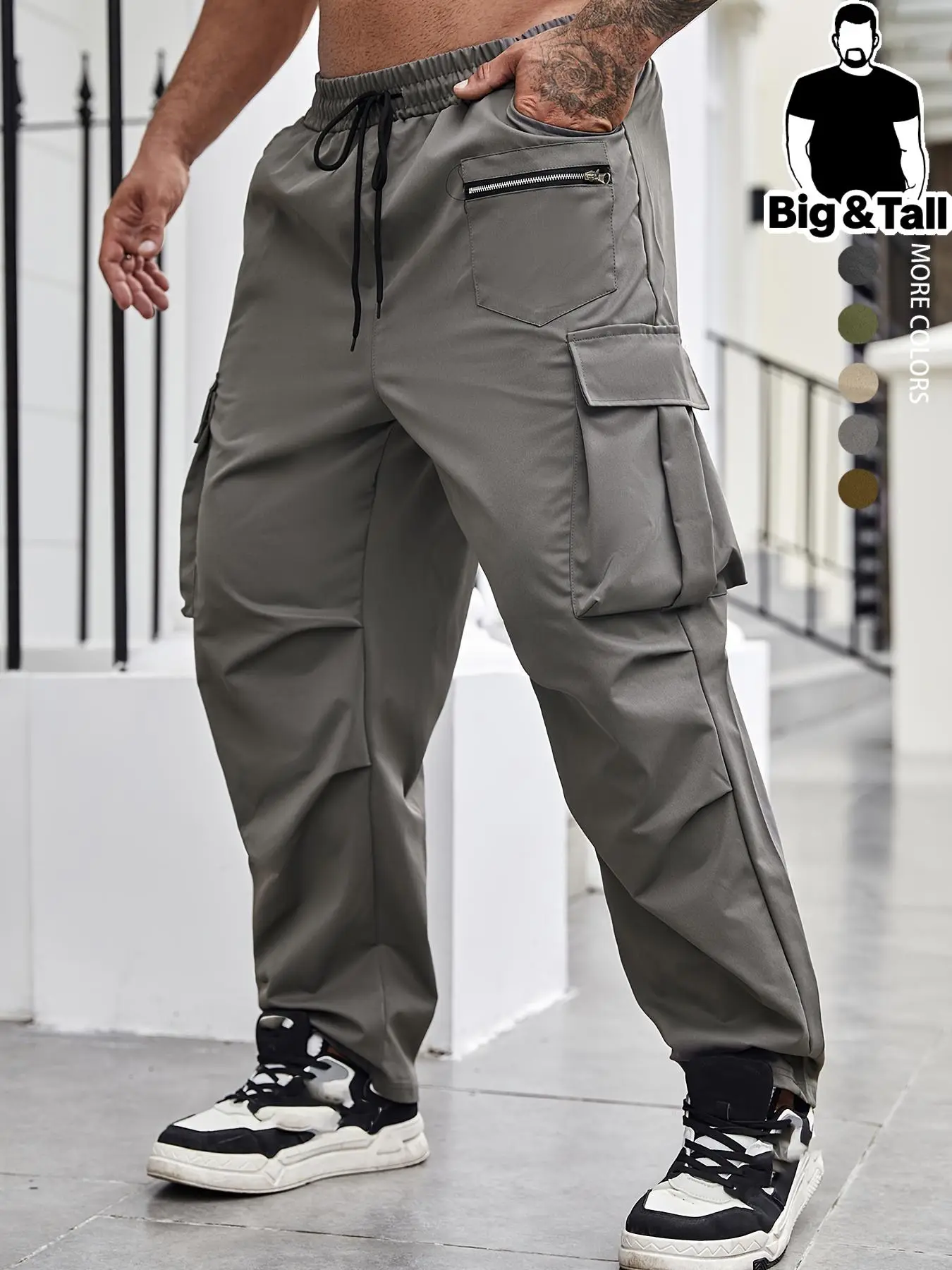 Men's Plus Size Regular Fit Solid Flap Zipper Pocket Cargo Pants, Casual Drawstring Pants for Daily Wear, Fashion Plus Size Trousers for All Seasons