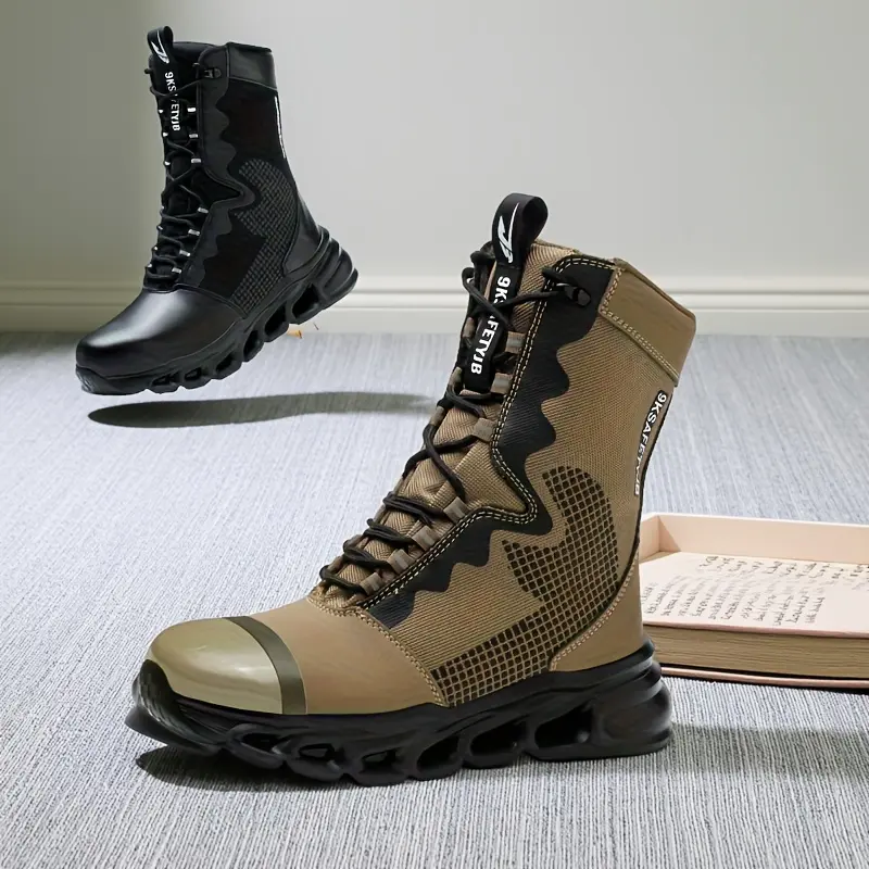 High-Top Outdoor Safety Boots - Steel Toe, Anti-Smash & Anti-Puncture, Durable Work Boots with Treaded EVA Sole, Breathable Fabric Lining, and Metal Toe Guard for Men, Beige, Construction & Industrial Use, Construction Footwear