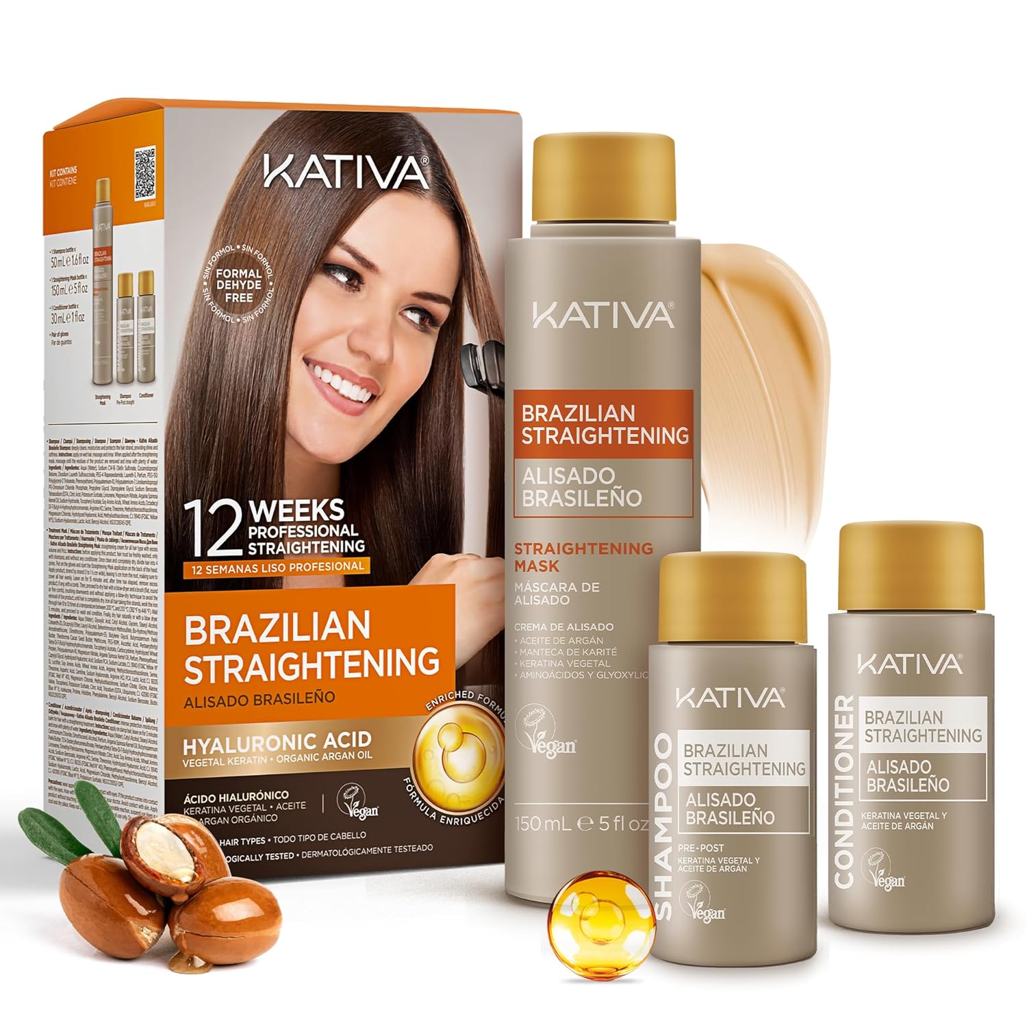 Kativa Brazilian Keratin Hair Straightening Treatment Kit – Frizz-Free for 12 Weeks, Formaldehyde-Free with Hyaluronic A