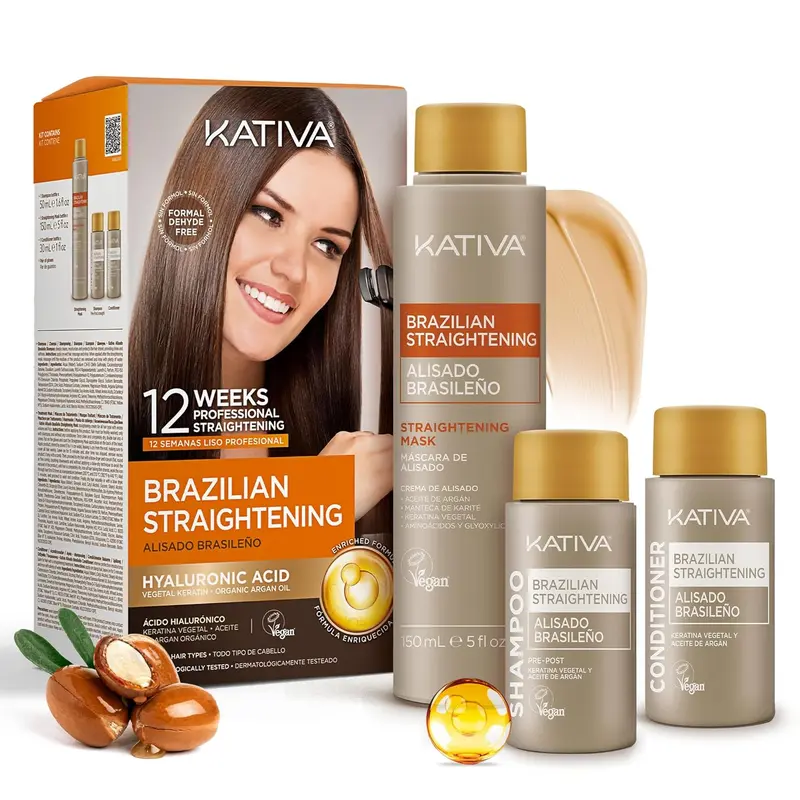 Kativa Brazilian Keratin Treatment - Frizz-Free 12 Weeks, Hyaluronic Acid & Argan Oil, Formaldehyde-Free, Professional Straightening Kit for All Hair Types Alisado Brasileño Sin Formol