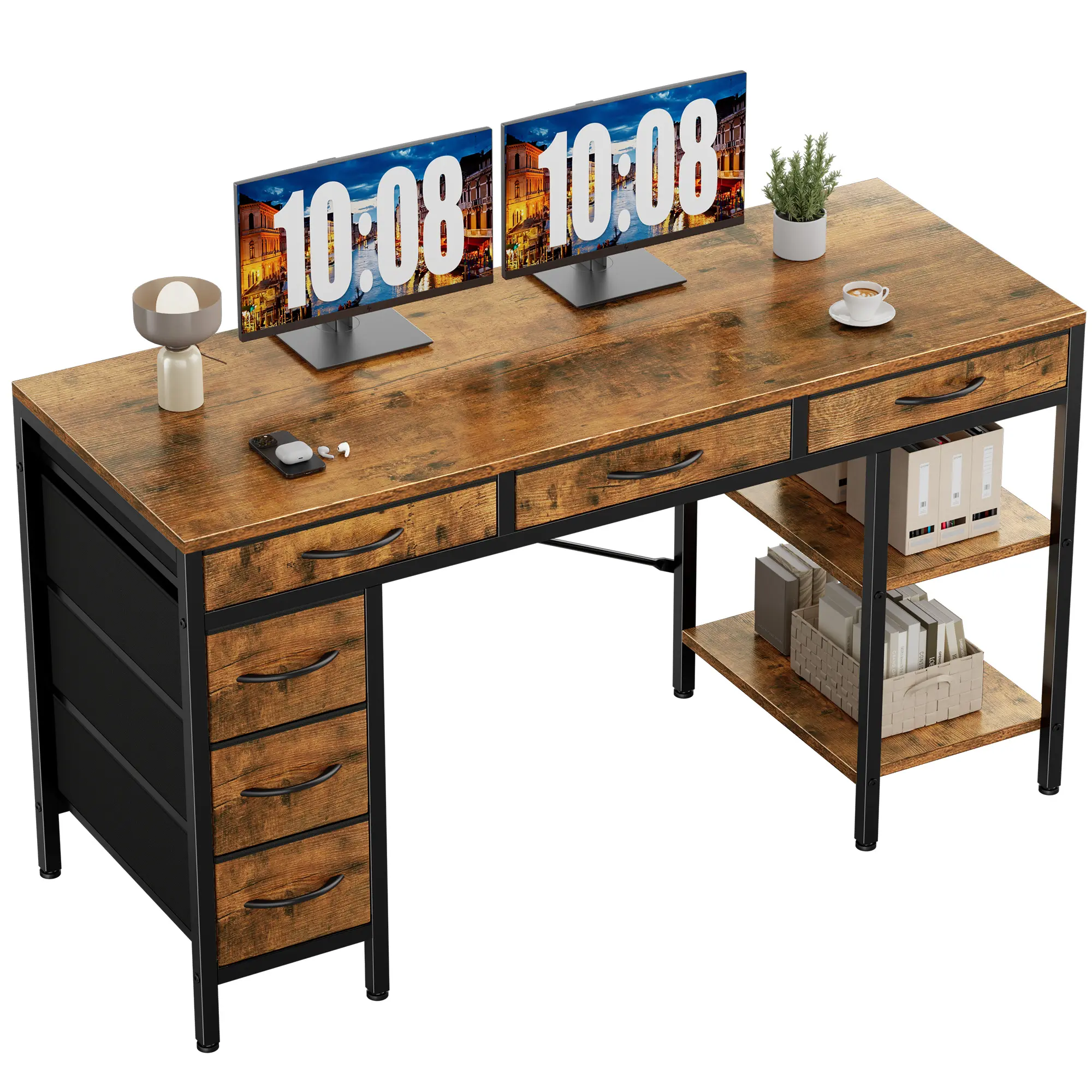 Sweetcrispy 47-Inch Adjustable Corner Desk with 6 Drawers, Shelves, Metal Legs, Rustic Look - Reversible Gaming Desk for Home Office, Bedroom - Quick Setup Office Furniture