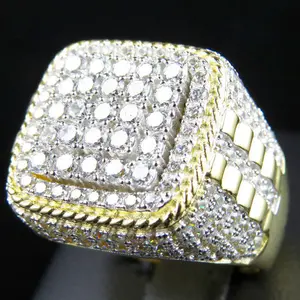 Edgy 14K Tone Gold Plated Iced Out Cubic Zirconia Ring for Men, Square Pave Rope Edge, Streetwear Bling Statement Jewelry for Him