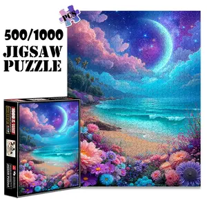 1pc 1000 piece adult puzzle 70x50cm Starry Moonlit Beach with Colorful Flowers and Ocean Waves 500 pieces paper jigsaw puzzle suitable for DIY creative games for adults and families, birthday and ho