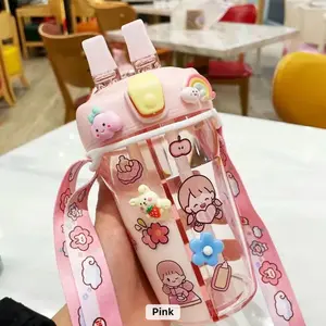 Double drink kids cup Double straw water bottle Water Bottles Washable Portable