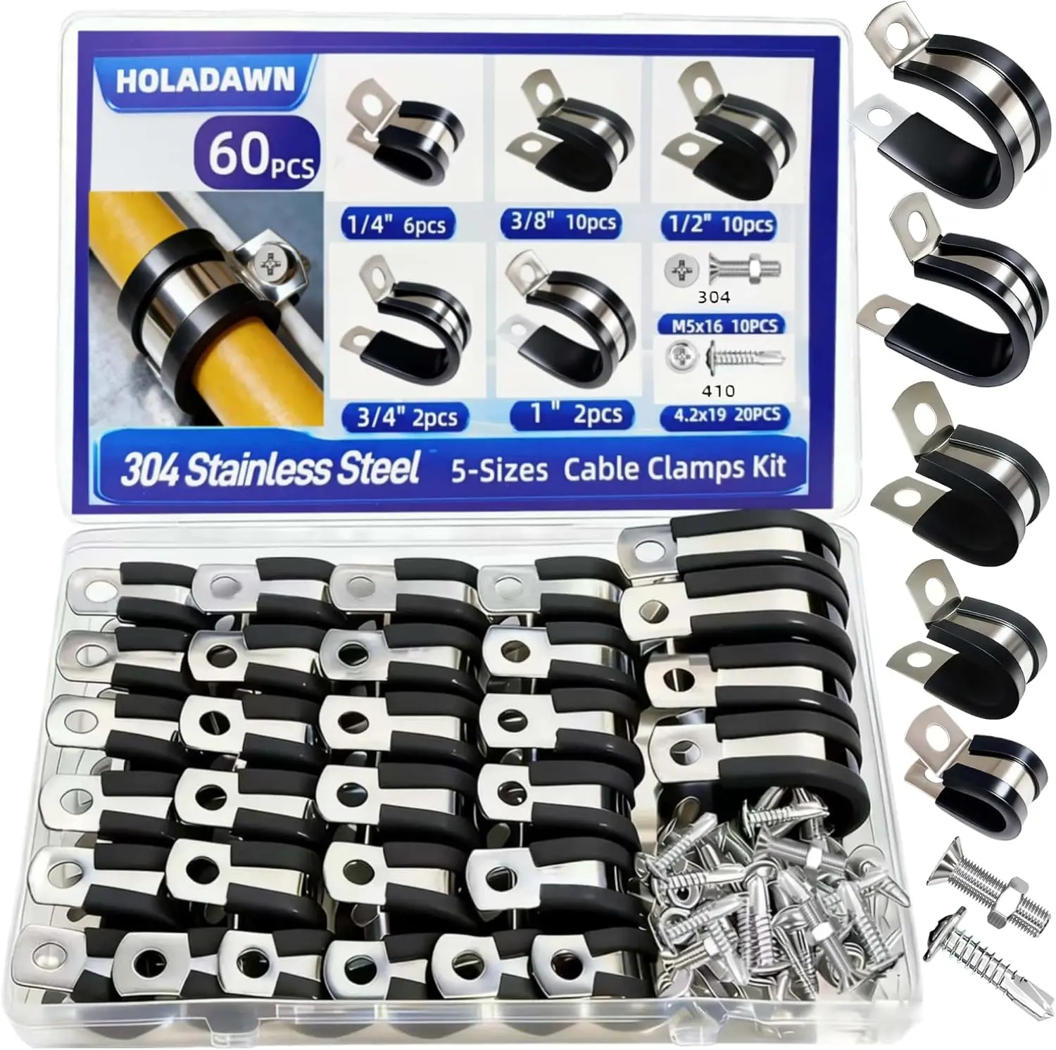 60-Piece 304 Stainless Steel Cable Clamp Set with Rubber, 30 Clamps and 30 Screws