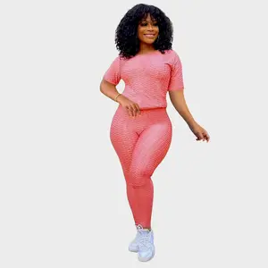 Pink Yoga Wear - Women's Fitted Short Sleeve Top & Pants Set in Solid Color, Polyester, Available in XS to XXXL Sizes, Machine Washable