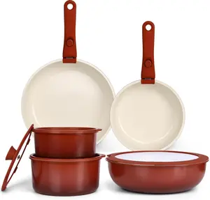 GiPP 11PCS Pots and Pans Set Non-Stick Detachable Handle Ceramic Cookware for RV Cooking Red Black Gradient Induction Compatible