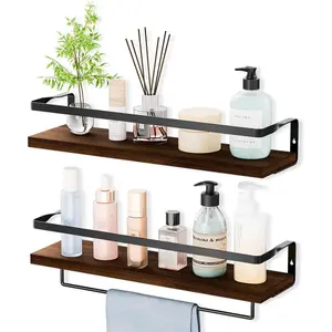 Shelves with Bar,Floating Shelves for,, Bedroom, Paulownia Wood, Black Frame - Set of 2 (Rustic Brown)