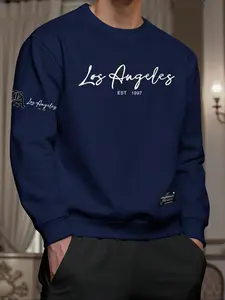 Men's Sweatshirt Long Sleeve Round Neck Fleece Pullover Fashion Letter Print Casual Loose Fit Winter Sweatshirt Warm Basic Top for Fall & Winter Menswear