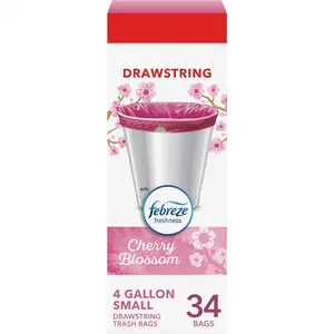 Small Trash Bags 4 Gallon, Febreze Cherry Blossom Garbage Bags, Odor Resistant with Drawstring, 34 Count