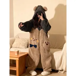 Women’s  Bear Onesie Pajamas, Plush Fleece Hooded Loungewear with Ears and Pockets, Soft Cozy Animal Jumpsuit Sleepwear for Winter Home Wear