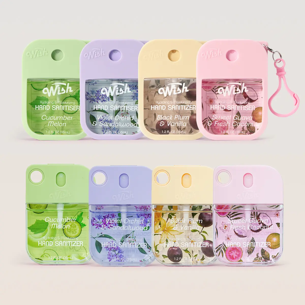 VIRAL FAVORITE: WISH Ultimate 8-Pack Freshness Bundle | 4 Clip-On Bag Charm + 4 Classic Hydrating Hand Sanitizers | 4 Viral Scents, 1.2 fl oz Each