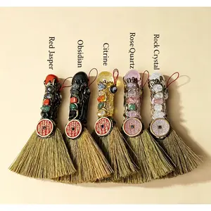 Natural crystal raw stone five elements small broom pendant Chinese style amulet crystal hanging ornament craft decoration