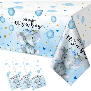 3 Pack Elephant Shower Tablecloth Decorations, Elephant Shower Decorations, Plastic Tablecloth Table Cover Backdrop for Boy Girl Gender Reveal Party Supplies, 54 x 108 Inch, Blue