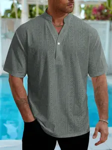 Men's Plus Size Vacation Hollow-Out Stand Collar Short Sleeve Casual Shirt, Breathable Lace Eyelet Henley Shirt for Summer Beach Holiday Daily Wear