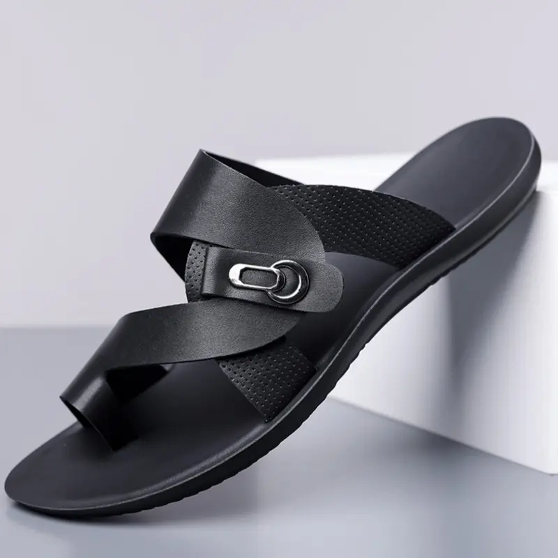 Men's Summer New Style Casual Beach Sandals, Plain Color Buckle Decoration Thin Sole Shoes, Trendy Fashion Non-Slip Breathable Slippers, Footwear for Beach