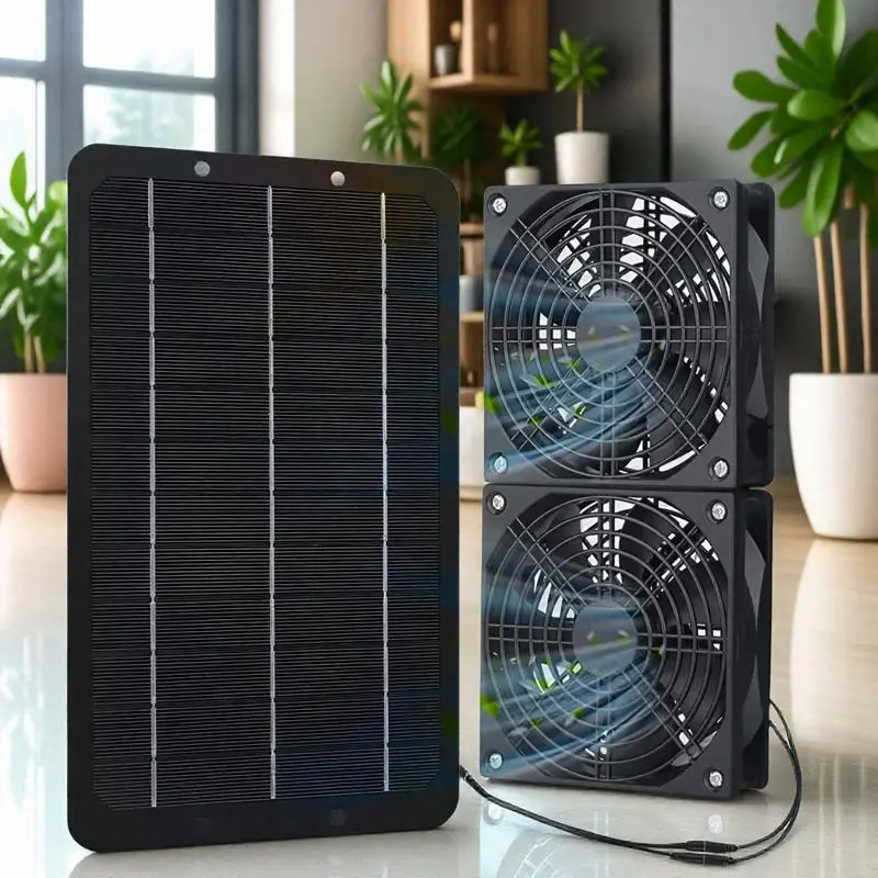 Solar Powered Dual Fan Cooling System, Silent Fan Cooling System, Multifunction Ventilator, Multipurpose Air Circulation Device for Home, Outdoor, Greenhouse, Chicken House, Ventilation Fan, Air Circulator Fan, Solar Exhaust Fan