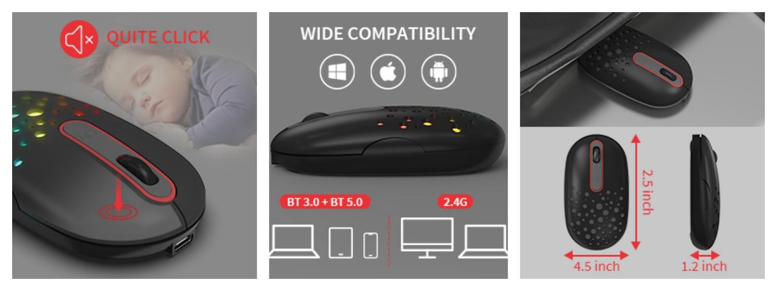 LED Bluetooth Mouse - Jelly Comb 3 Mode (BT5.0/3.0+USB) Rechargeable RGB Wireless Mouse Silent Optical Computer Mice for Laptop, PC, Mac, ipad, ipad Pro, Chromebook (Black)