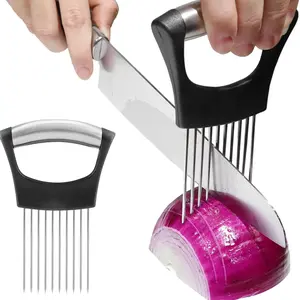 Onion Holder for Slicing, Onion Cutter Vegetable Chopper, Stainless Steel Tomato Slicer Vegetable Cutter for Potato, Avocados, Eggs, Food Slicer Assistant Tool for Fruit Lemon and Meat