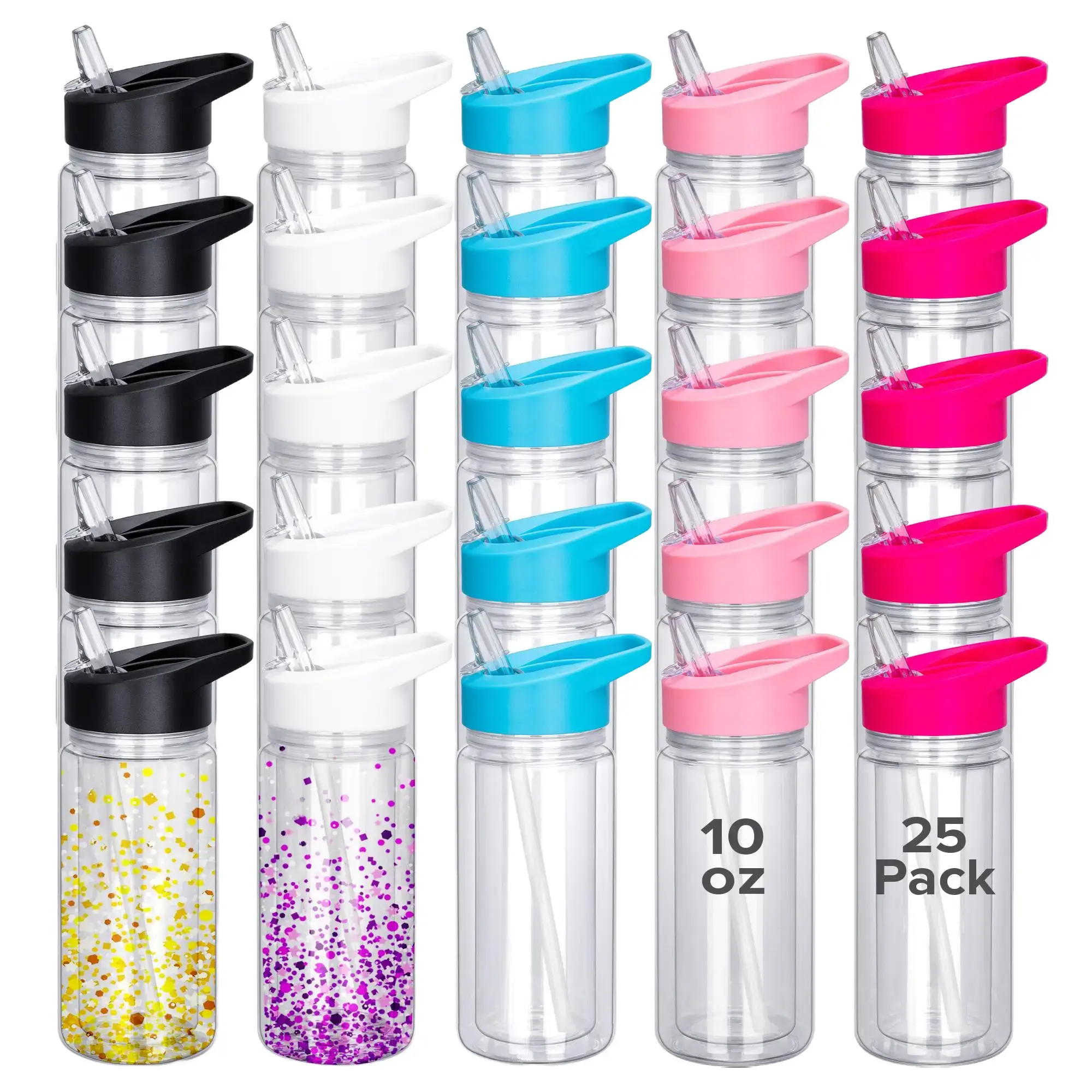 FASTSUB 10 oz Double Wall Acrylic Snow Globe Tumbler Set (25 Pack) - BPA-Free, Reusable, Food-Grade Sublimation Water Bottle with Lid for UV DTF DIY Projects, Water Bottles